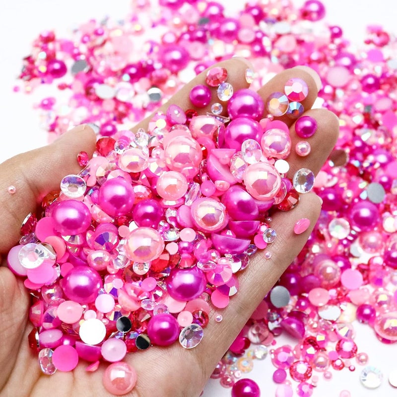 Towenm 60g Mix Flatback Pearls and Rhinestones for Crafts, 2-10mm Pearl Nails Face Art Tumblers, Mix Pearls, with Picker Pen, Light Pink|Hot Pink|Clear - Image 2